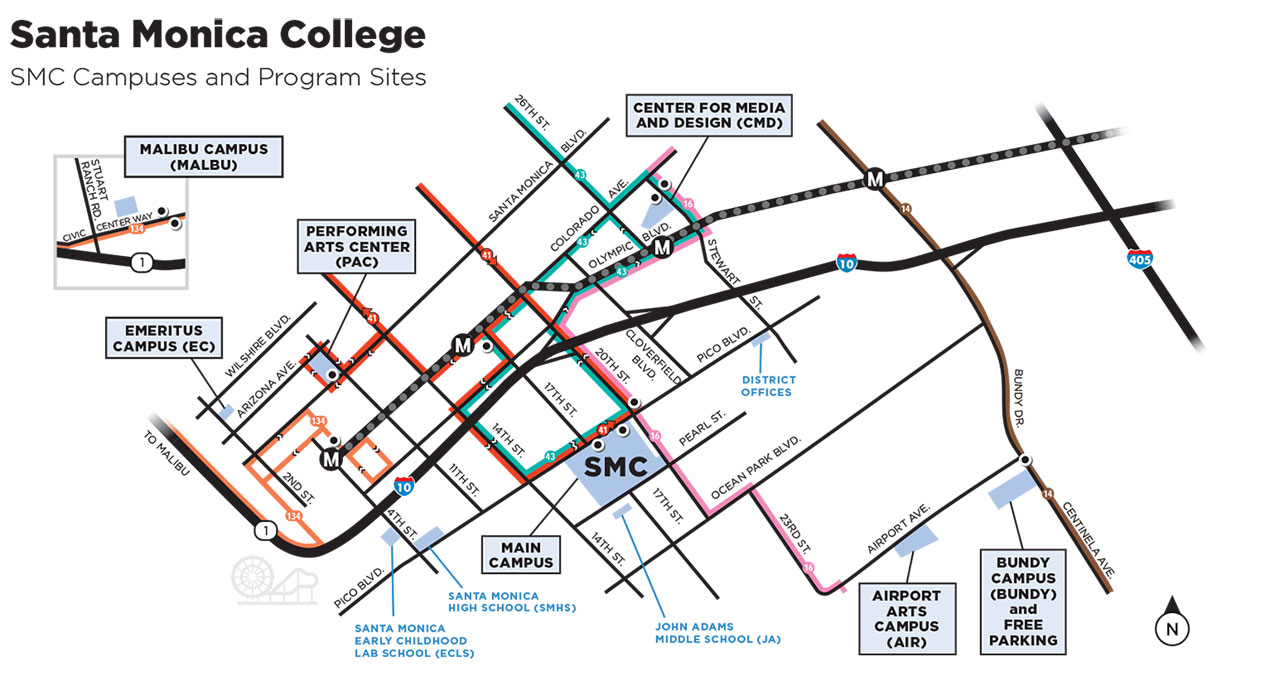 Map of Santa Monica with the SMC Campuses indicated