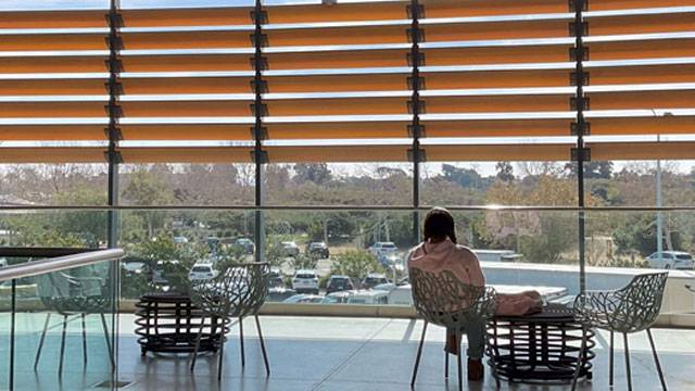 Student in the Malibu campus sitting looking outward into the parking lot