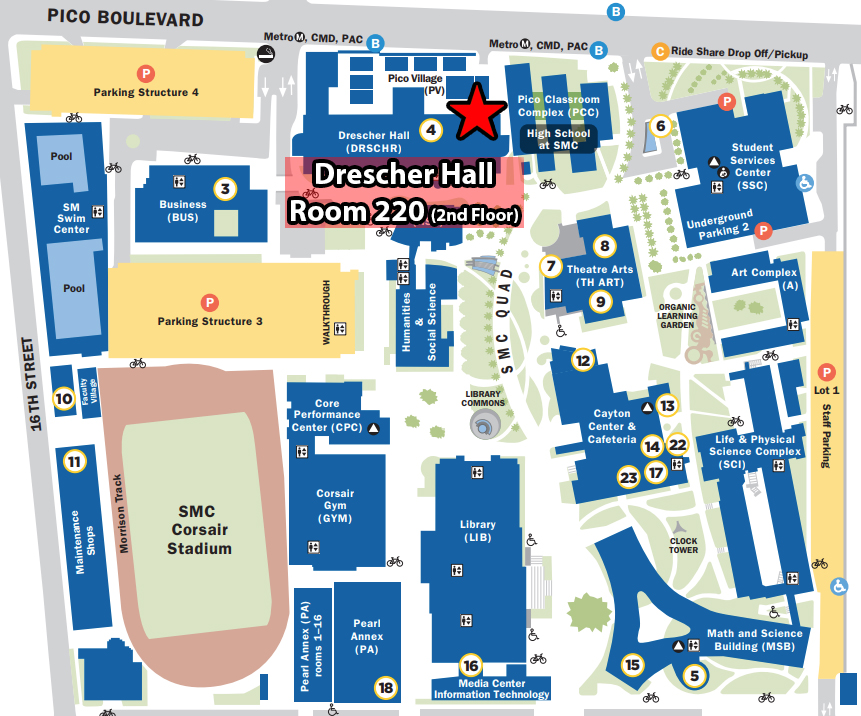 A map of the SMC Main Campus with the a large red star marking Drescher Hall, Room 220.