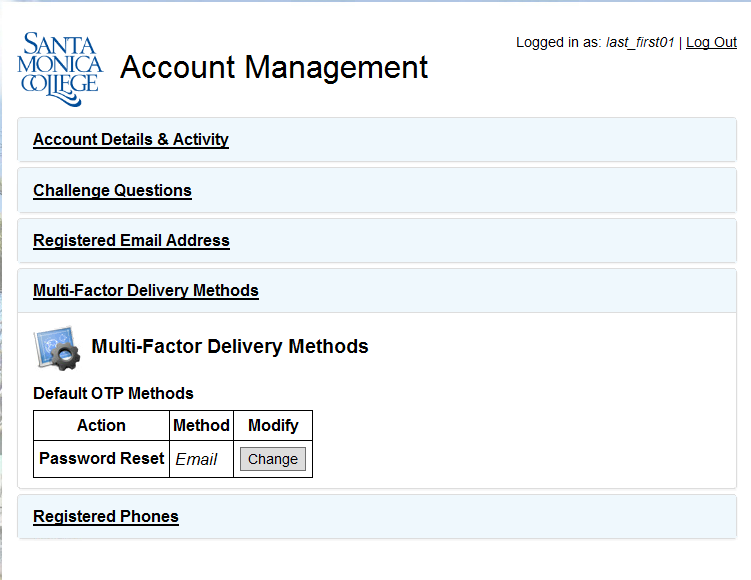 Account Management delivery method screen example