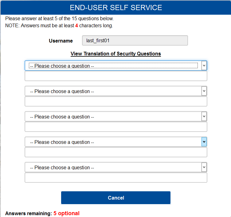 End-user self service challenge question screen