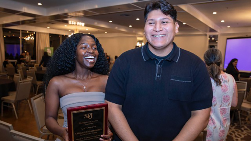 Spring 2024 semester Corsair editor-in-chief Cebelihle Hlatshwayo and Danilo Perez at the SPJ/LA 48th Distinguished Journalist Awards Banquet held Oct. 23. Hlatshwayo was honored in the emerging/outstanding students category. Perez won several awards this October from the Journalism Association of Community Colleges (JACC).