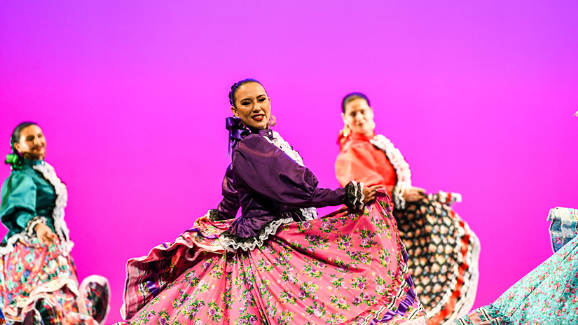 The SMC Global Motion World Dance Company — with guest Balinese/Javanese choreographer Nanik Wenten — will perform Nov. 23 and 24 in The Eli & Edythe Broad Stage at the SMC Performing Arts Center, 1310 11th Street (at Santa Monica Boulevard), Santa Monica. Global Motion dancers: Adriana Garzón-Valdez (foreground), Ariel Murillo (background, left), Maritza Olmos (background, right). Photo by Jonathan Ng.