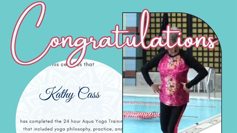 Emeritus faculty member Kathy Cass receives cetification in Aqua Yoga
