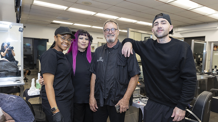 Barbering student Joydaisa Mims with Barbering Instructors Ms. Monge, Mr. Harrison, and Barbering student Chad Skogrand.