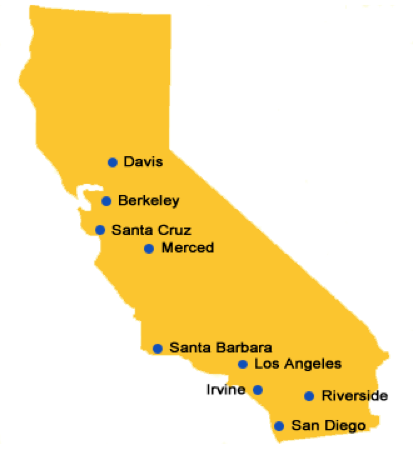Map of the California marked with the locations of the UC campuses