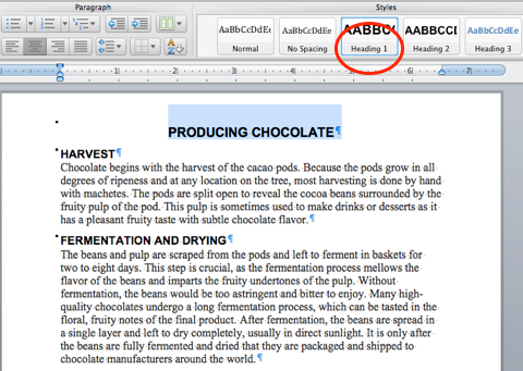 Heading 1 Style Screen Shot of Producing Chocolate Document