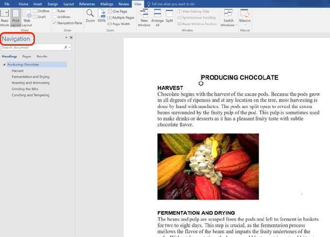 Navigation Pane Screen Shot of Producing Chocolate Document