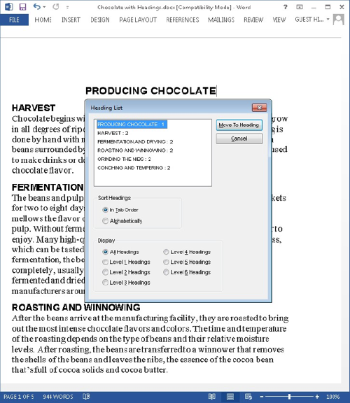 Heading List Screen Shot of Producing Chocolate Document