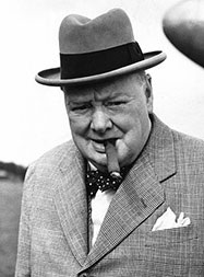 Winston Churchill wearing a Homberg hat and smoking a Cuban Cigar.