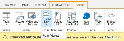 Adding hypertext links through the Links icon from the SharePoint Insert Editing Tools options