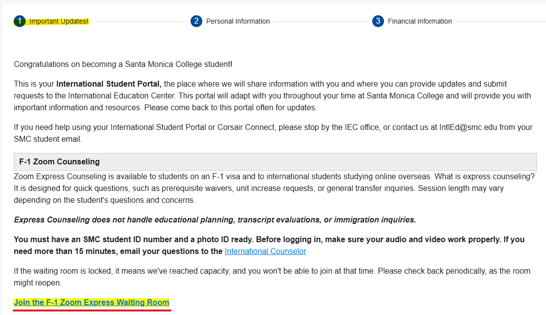 Screen cap of the Important Updates window with link to Join the F-1 Zoom Express Waiting Room indicated
