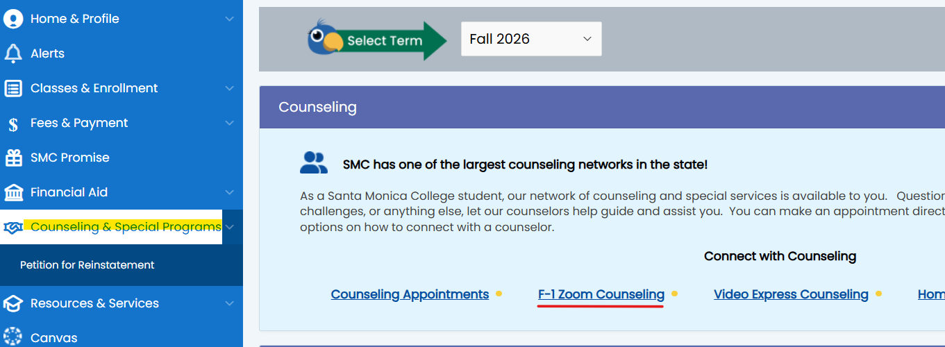 Screen Capture of Corsair Connect indicating the International Zoom Counseling link