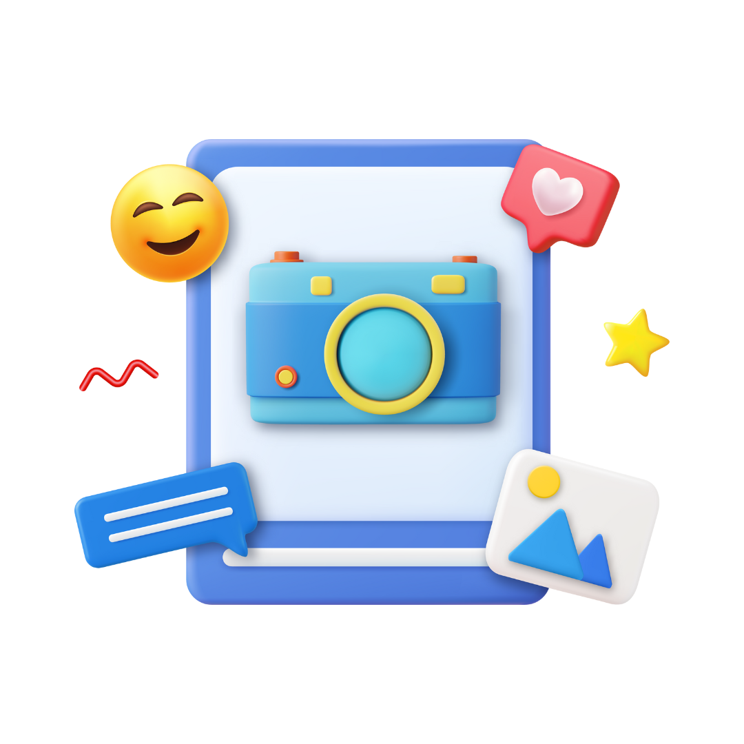 polaroid with emoji and icons around it