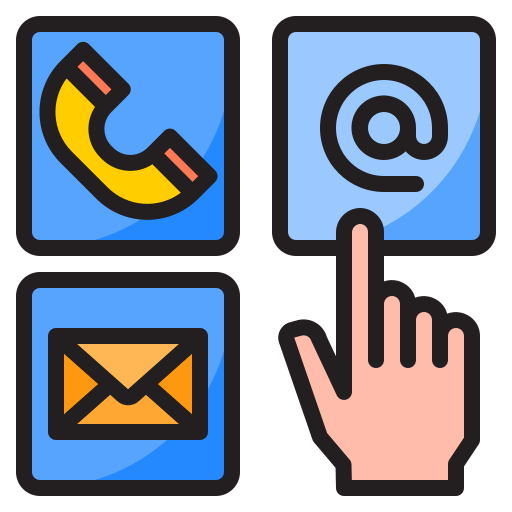 phone icon, envelope icon, @ symbol, and finger pointing