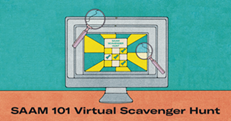 Scavenger Hunt Flyer image. Computer with magnifying glasses